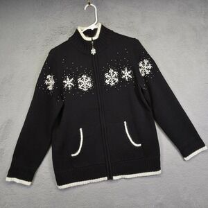 Quacker Factory Cardigan Women M Black Snowflake Angora Beaded Holiday Christmas